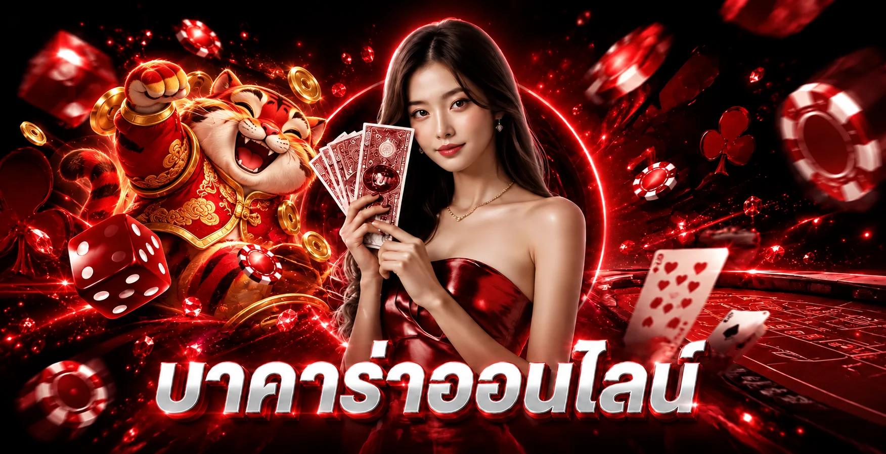 ภาพบาคาร่าออนไลน์ XGambet โทนแดงดำและมาสคอตเสือ
